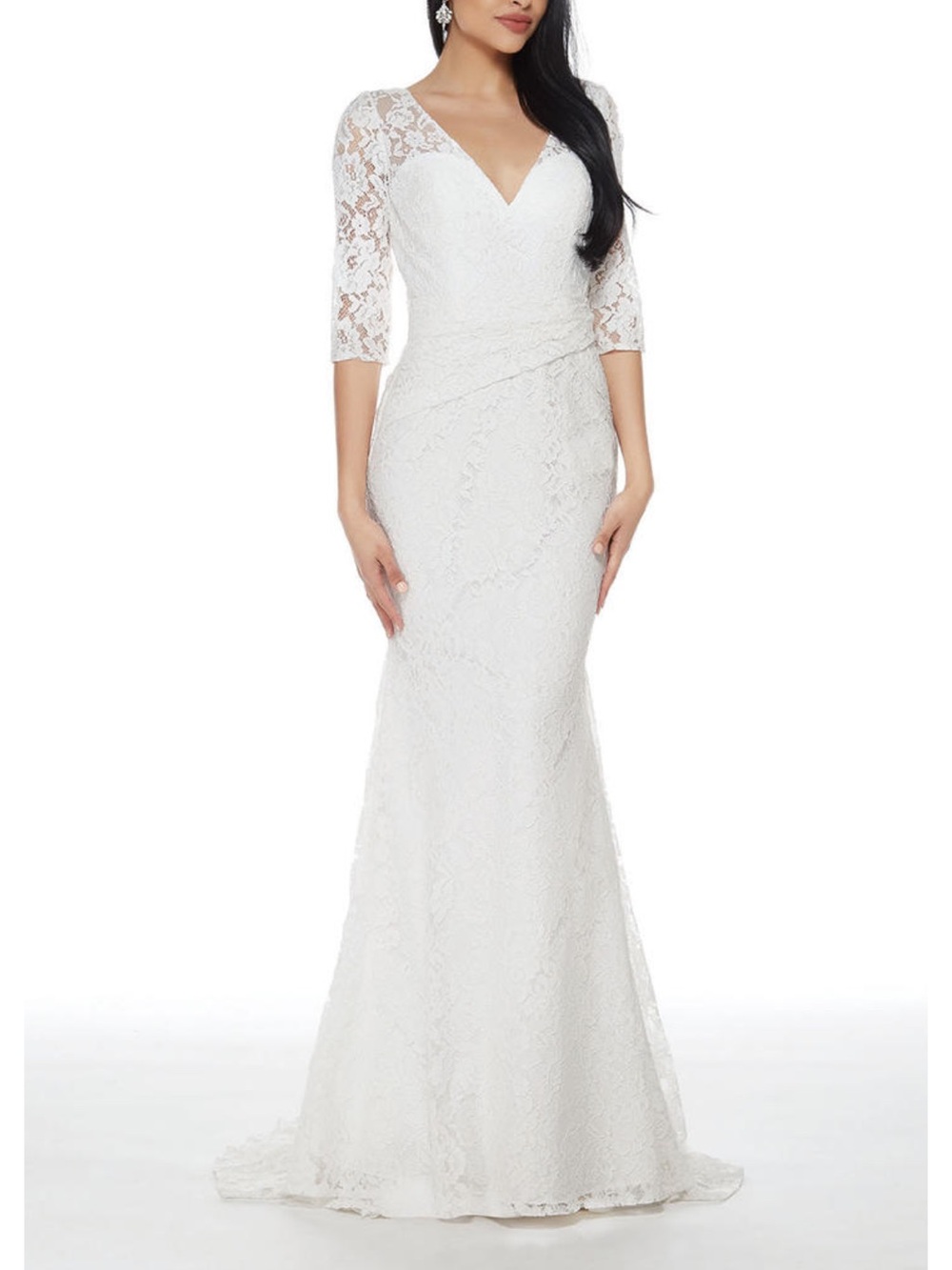 Alyce Paris White Lace V-Neck Bridal Gown with Three-Quarter Sleeves